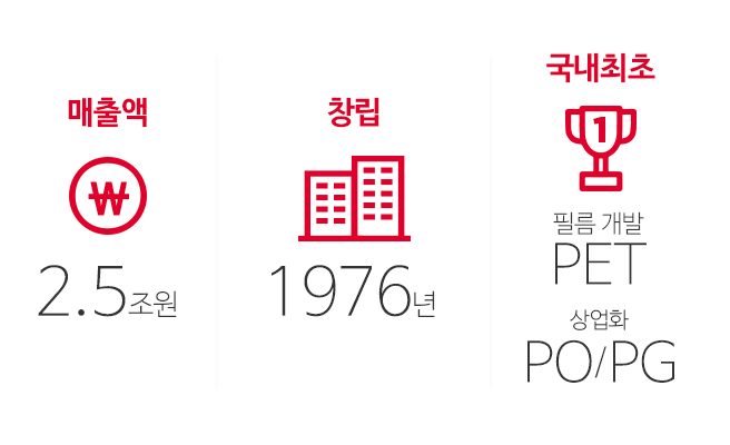 매출액 2.5조원, 창립 1976년, 국내최초 필름개발PET, 상업화 PO/PG